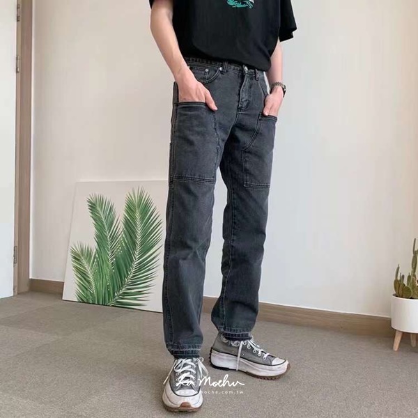 大口袋設計牛仔直筒褲
